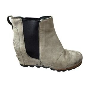 Sorel Lea Wedge Quarry Grey Leather Chelsea Ankle Boots NL2334-089 Womens 9